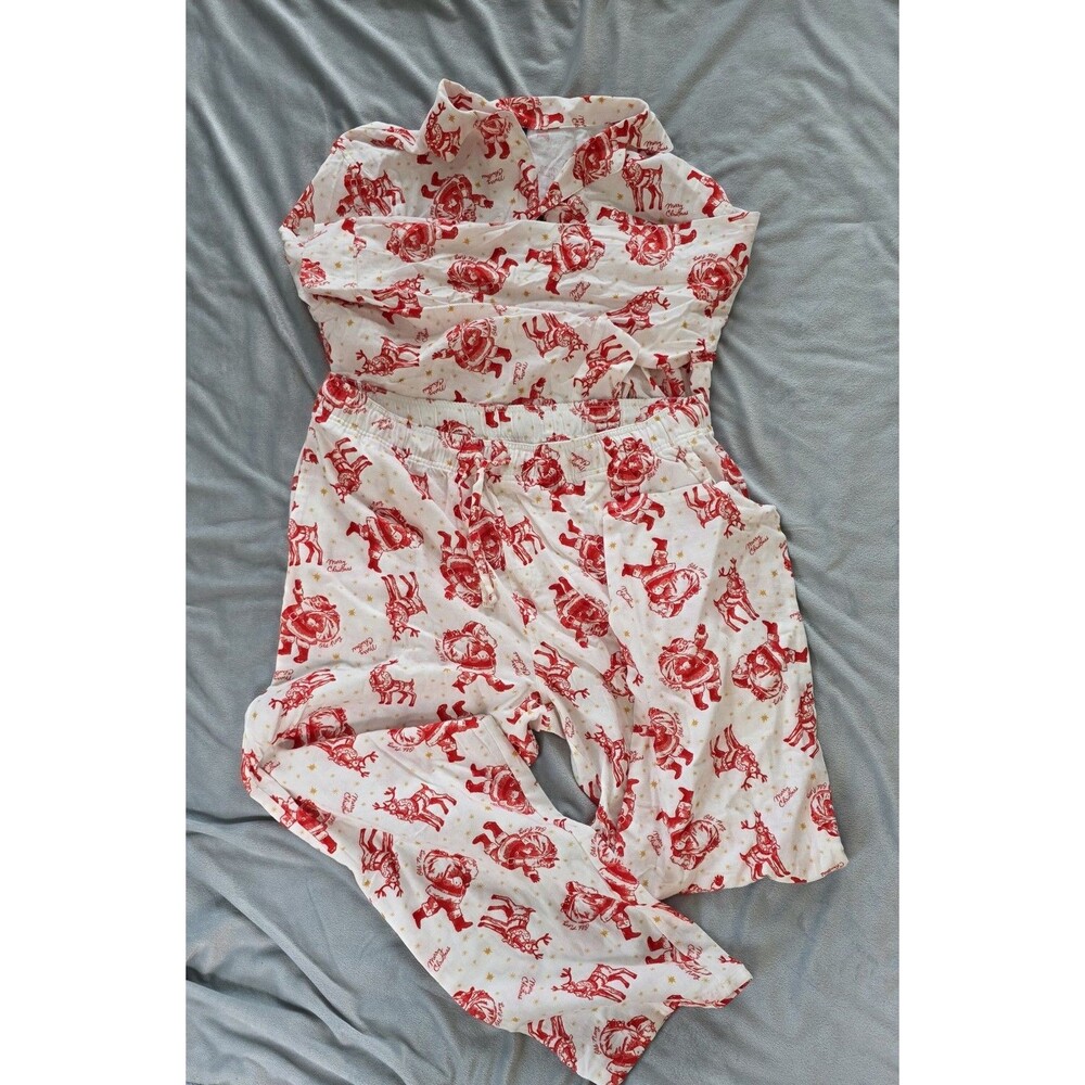 Old Navy Christmas Pajama Set XL 100% Cotton Santa Reindeer Holiday PJs